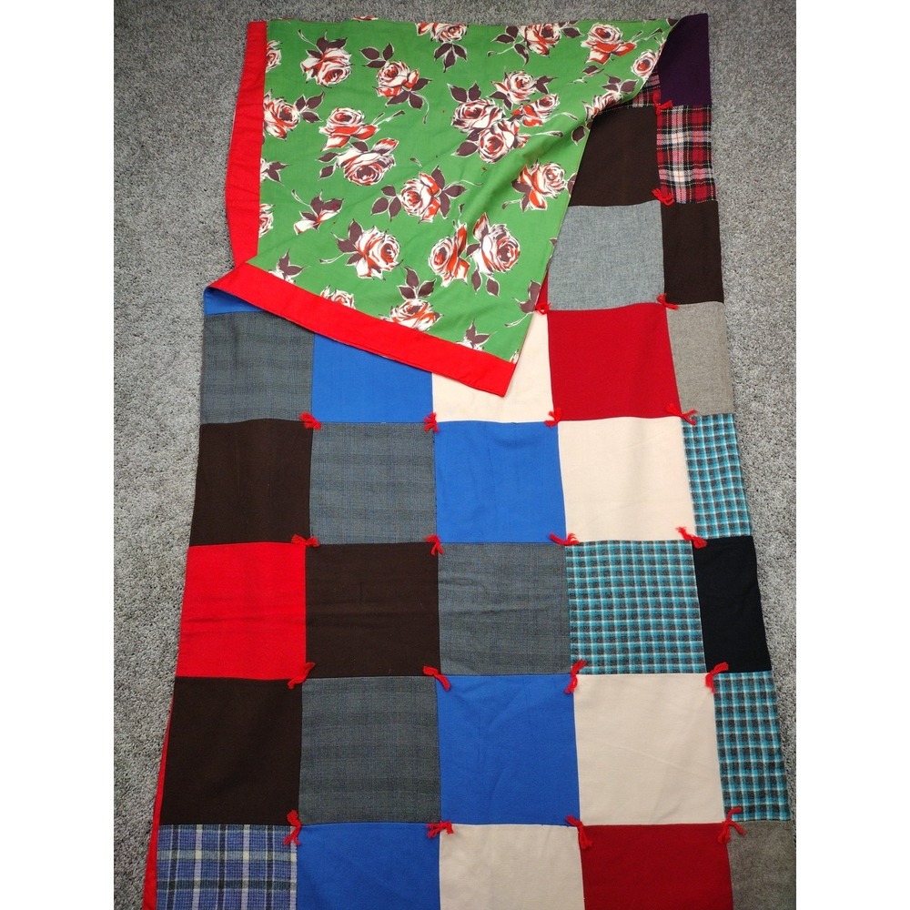VTG QUILT 72X88 FULL SIZE PATCHWORK SQUARES QUILTED BLANKET HOMEMADE CottageCore